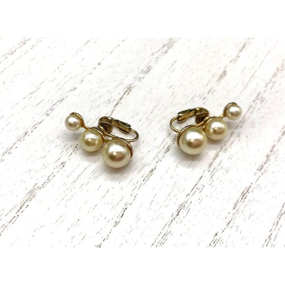 Vintage Gold-Tone Triple Faux Pearl Clip-On Earrings by Sarah Cov - Picture 3 of 5